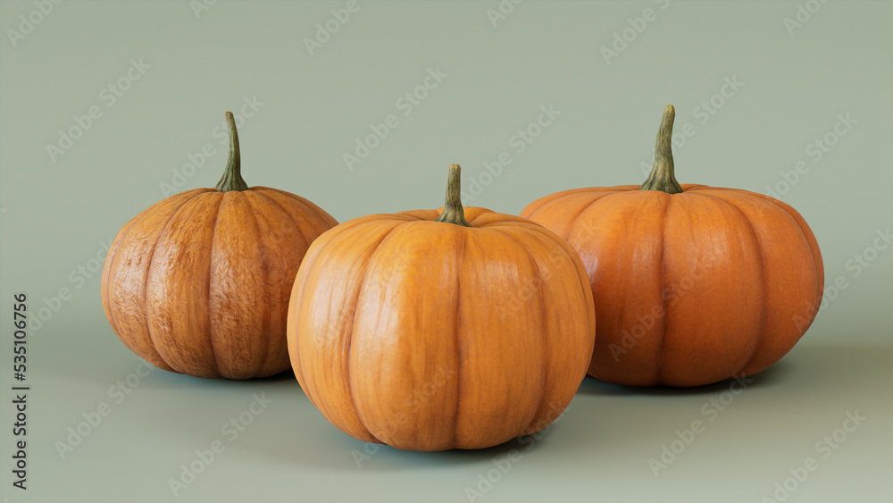 Seasonal background Wallpaper. Trio of Pumpkins on Grey Green color. Fall Concept. Seasonal background Wallpaper. Trio of Pumpkins on Grey Green color. Fall Concept.