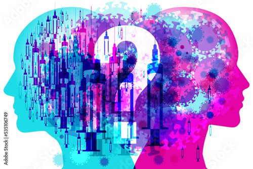 2 people’s side silhouettes overlaid with various sized semi-transparent vaccine syringes and virus particles shapes. A large translucent question mark represents key questions and concerned thoughts.