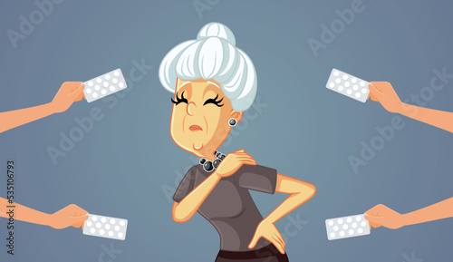 Senior Woman Suffering from Cervical Pain Receiving Treatment Vector Illustration. Elderly person with rheumatic problems receiving medical help 
