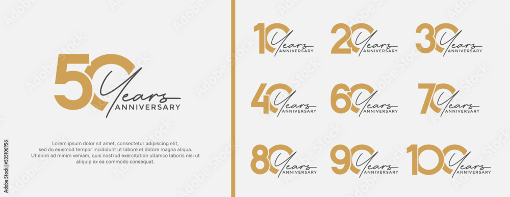 set of anniversary logo gold color on white background for celebration moment - obrazy, fototapety, plakaty 