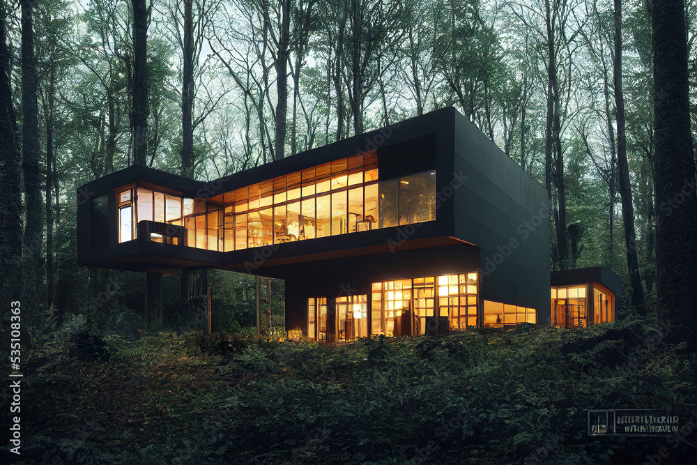 Beautiful modern house in the woods, big windows, forest scene