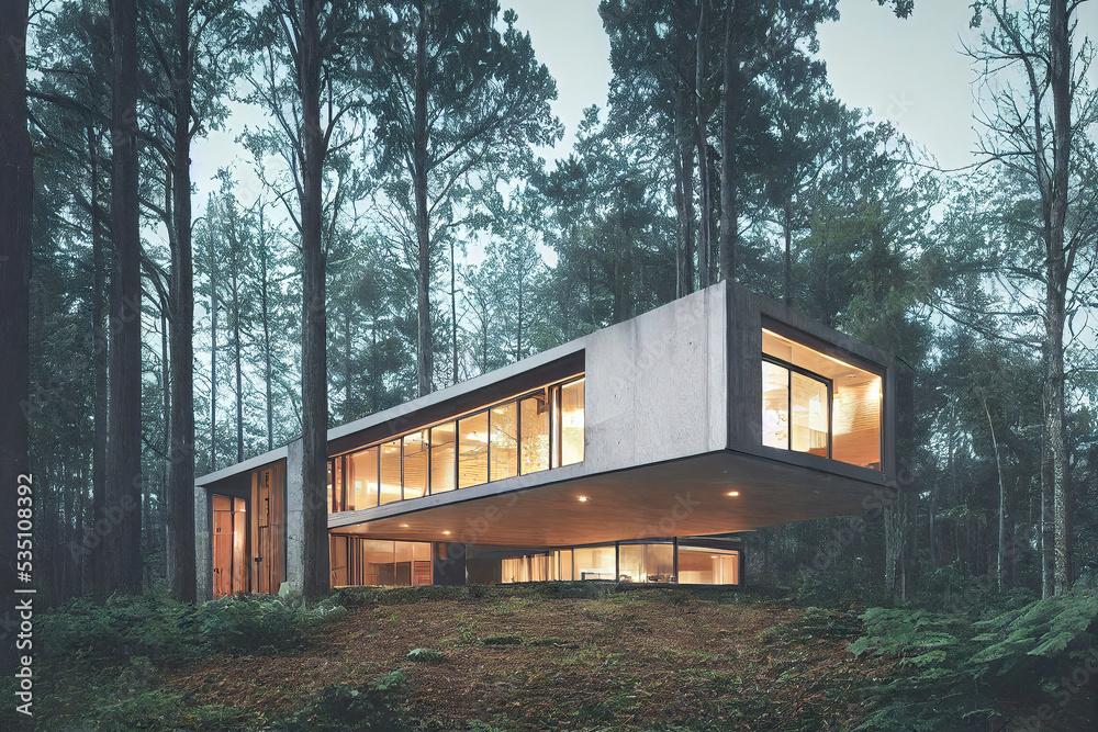 Beautiful modern house in the woods, big windows, forest scene background, 3d render, 3d illustration Beautiful modern house in the woods, big windows, forest scene background, 3d render, 3d illustration