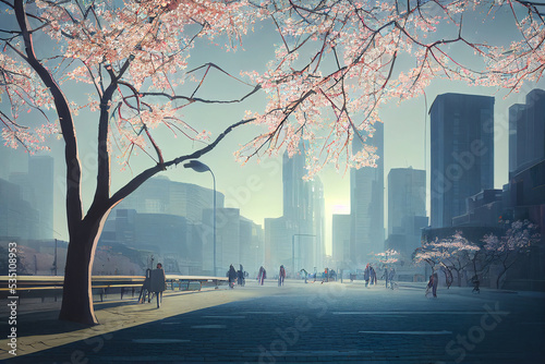 Cherry blossom sakura in modern city  urban environment background wallpaper