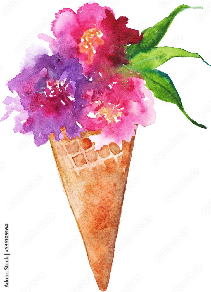 Watercolor flower bouquet peony rose carnation ice-cream waffle sweet dessert isolated art
