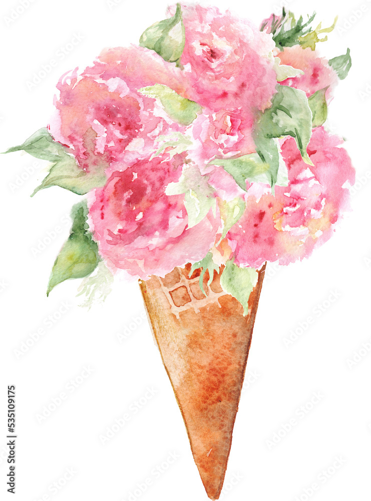 Watercolor flower bouquet peony tea rose ice-cream waffle sweet dessert isolated art