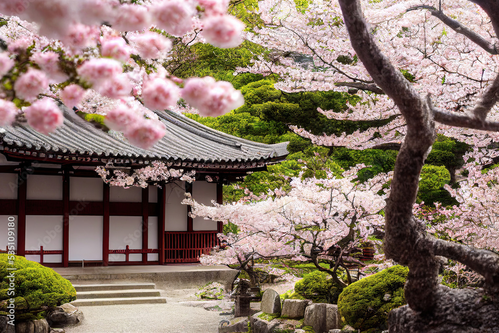 Beautiful japan temple in blossoming sakura garden, pink cherry