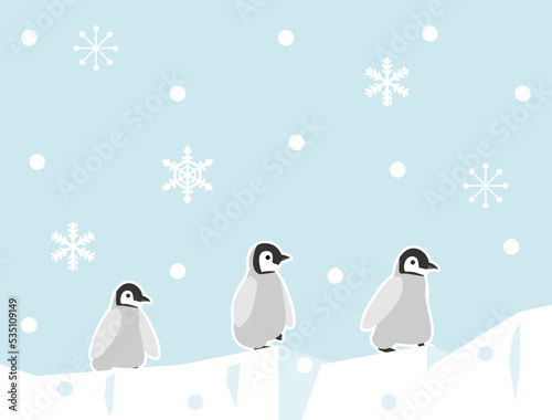 氷河の上を歩いているペンギンのイラスト 雪が降っているバージョン