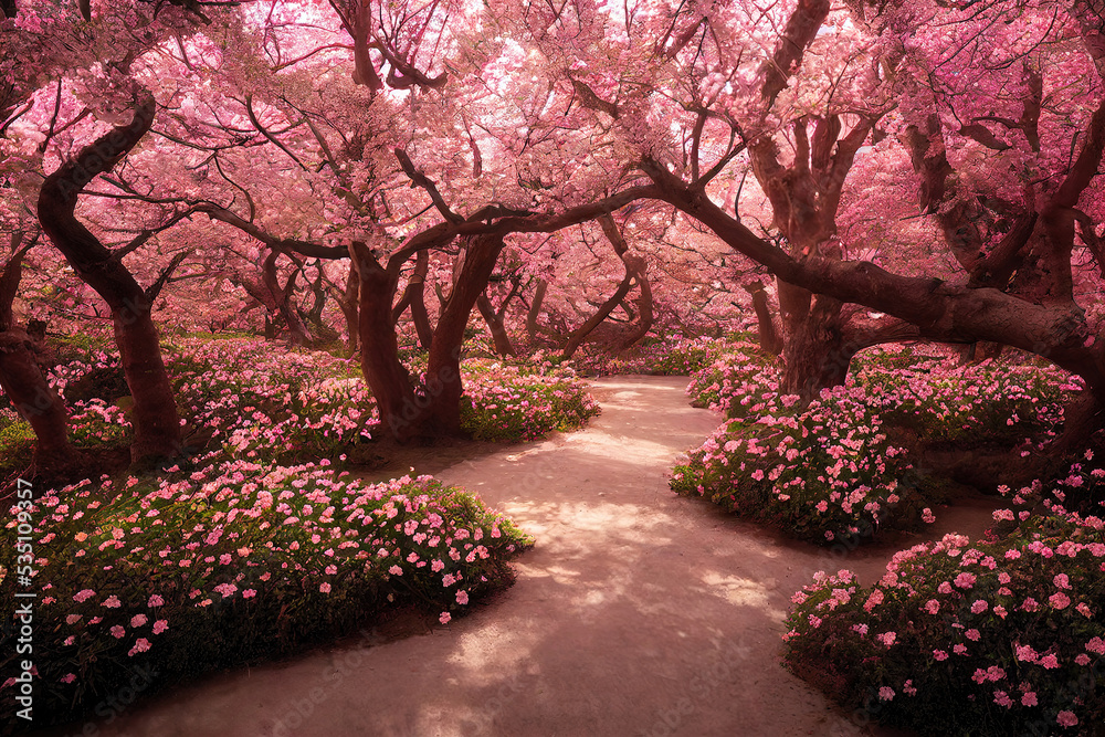 Beautiful cherry blossom sakura garden, spring nature background