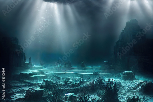 ancient underwater city, ocean scene, atlantis , fantasy background wallpaper