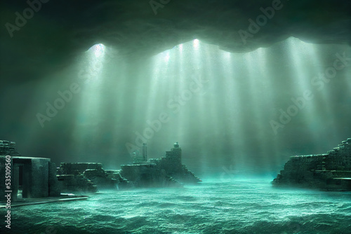 ancient underwater city  ocean scene  atlantis   fantasy background wallpaper