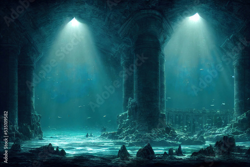 ancient underwater city, ocean scene, atlantis , fantasy background wallpaper photo