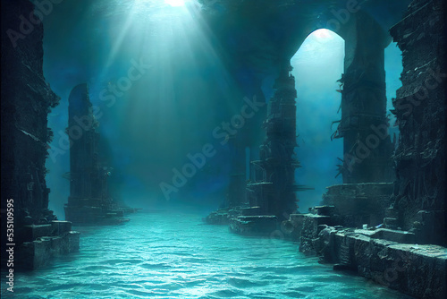 ancient underwater city, ocean scene, atlantis , fantasy background wallpaper