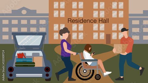 Disabled student moving into residence hall at new school year start with help from friends and relatives