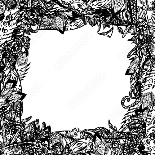 Black and white frame template, fluffy feather line and foliage for your design