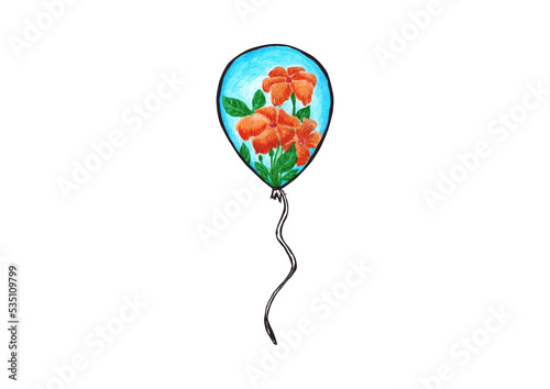Watercolor balloon and orange flower on white background for your design