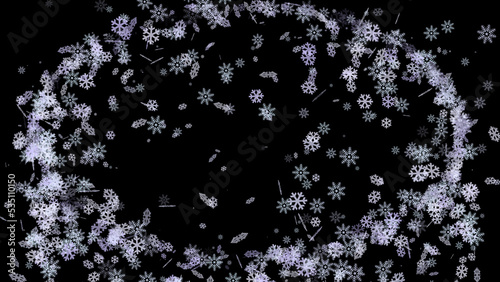 Abstract black background with a frame of white snowflakes