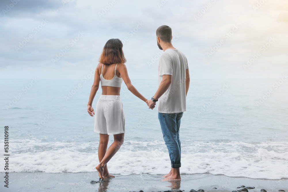 Young couple spending time together on beach near sea, back view