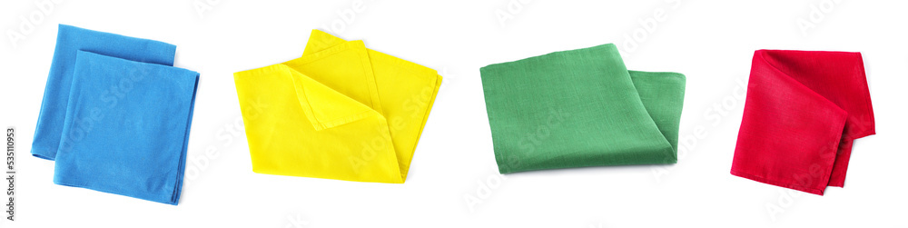 Set with different fabric napkins on white background. Banner design Set with different fabric napkins on white background. Banner design