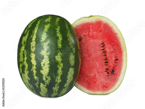 Whole and cut fresh juicy watermelons isolated on white