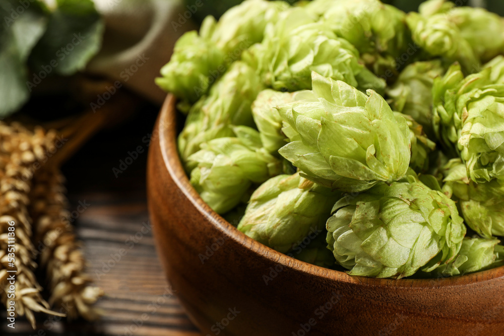 Fresh hop flowers and wheat ears on wooden table, closeup Fresh hop flowers and wheat ears on wooden table, closeup