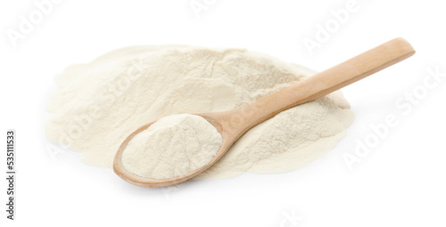 Pile of agar-agar powder and wooden spoon on white background