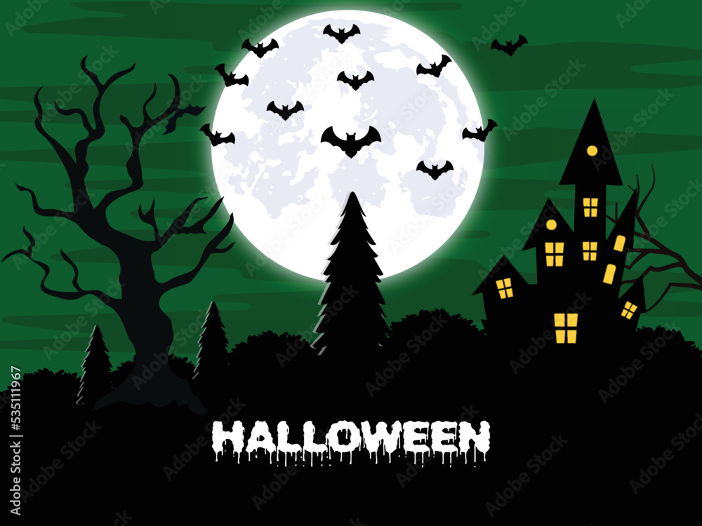 Halloween night spooky landscape background with various trees, haunted house and flying bats.