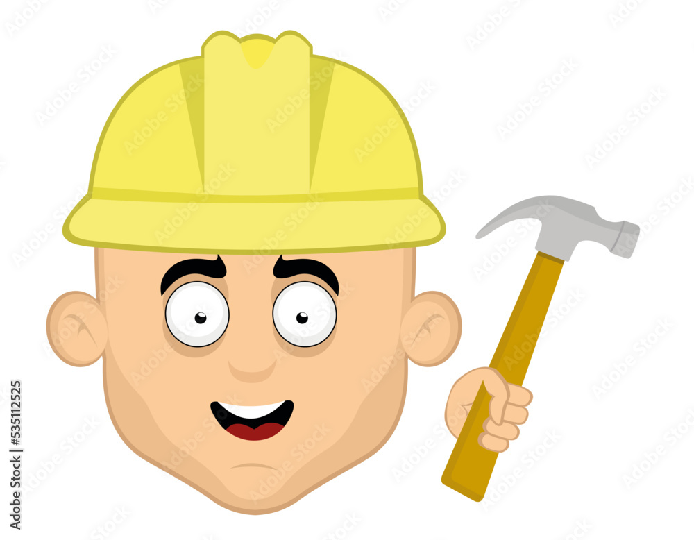Vector emoticon illustration of the face of a man cartoon builder, with a construction helmet and a hammer in hand Vector emoticon illustration of the face of a man cartoon builder, with a construction helmet and a hammer in hand