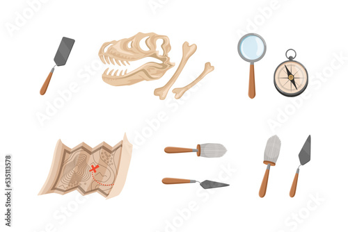 Archaeological tools set. Instruments for excavating historical treasures sand artifacts vector illustration