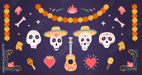 Dia de los muertos. Horizontal banner with ofrenda traditional altar with candle and pan de muertos. Paper flags papel picado garlands decoration and maracas. Mexican holiday Day of the dead. Vector.