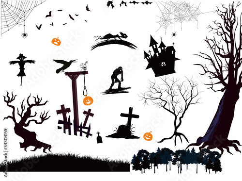 ハロウィーン、パーティー、お墓、ゾンビ、月、十字架、魔女、手、死神、鎌、幽霊、影、カボチャ、黒、木、森、野原、猫、蝙蝠、蜘蛛の巣、蜘蛛、鴉、絞首台、柵 photo