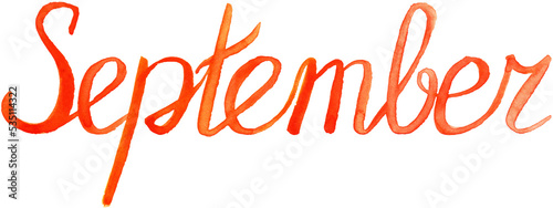 Watercolor september month orange red lettering typographic word isolated