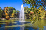 Lake in front of Palacio de Cristal del Retiro (The Crystal Palace) in Parque del Buen Retiro (The Buen Retiro Park), Madrid, Spain.
