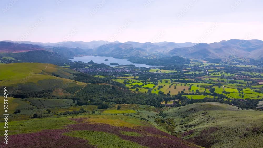 Aerial view of hills around Keswick in Lake District, a region and national park in Cumbria in northwest England
