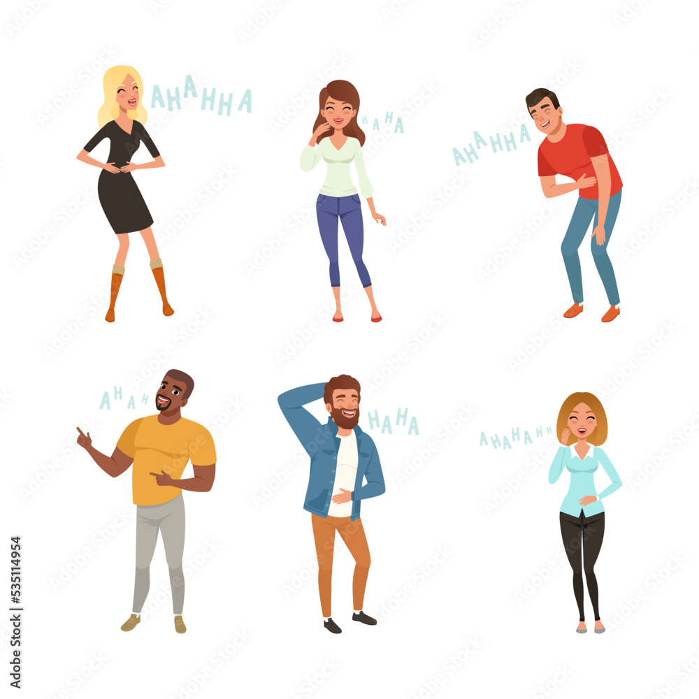 Set of diverse people laughing out loudly. Happy joyful men and women feeling positive emotions vector illustration