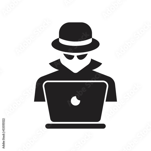 Spy agent searching online on laptop icon. Computer hacker with laptop icon, Spy agent searching sign, symbol, logo, isolated on white background