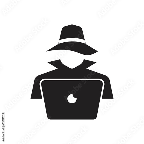 Spy agent searching online on laptop icon. Computer hacker with laptop icon, Spy agent searching sign, symbol, logo, isolated on white background