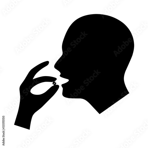 Take the medicinal pill icon. Head with mouth open and hands holding circular pills. Isolated on a white background. Vector illustration