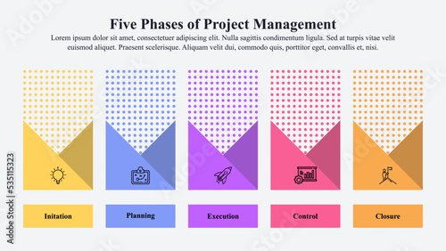 Five phases of project management infographic template with icons and text space.