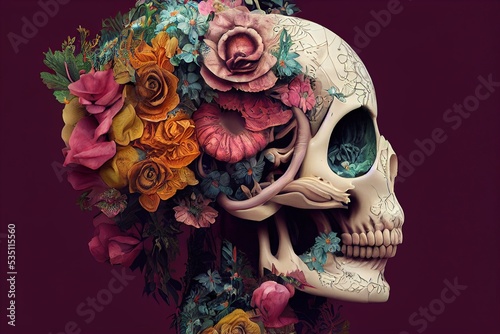 Generative AI Calavera sugar skull 3D computer-generated image made to look hyperrealistic in a unique artistic style, isolated, floral skull for dia de los muertos. photo
