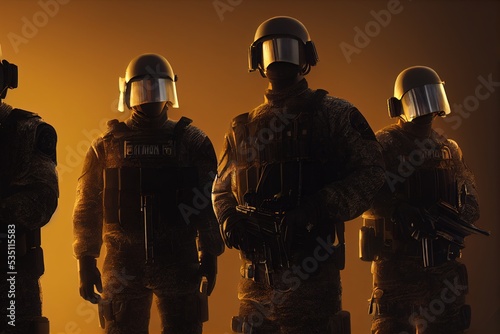Fotografia SWAT Team - fictional non-descript nor city-specific SWAT team in full riot gear preparing to take on a night-time riot