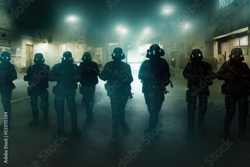 SWAT Team - fictional non-descript nor city-specific SWAT team in full riot gear preparing to take on a night-time riot. 3D render generated by AI © Brian