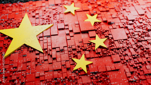 Chinese Flag rendered as Futuristic 3D blocks. China Innovation Concept. Tech Wallpaper.