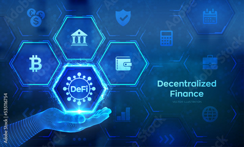 DeFi. Decentralized Finance. Blockchain, decentralized financial system. Business technology concept concept in wireframe hand. Vector illustration.