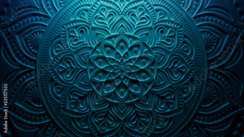 Diwali Festival Wallpaper, with Blue 3D Ornate Pattern. 3D Render. photo