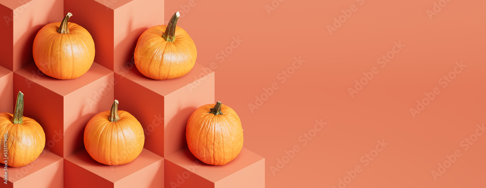 Seasonal background Banner with copy-space. Pumpkins on Salmon Pink color Blocks. Autumn Concept. Seasonal background Banner with copy-space. Pumpkins on Salmon Pink color Blocks. Autumn Concept.