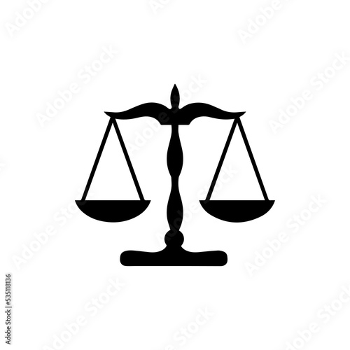 Scales isolated monochrome icon. Vector dual balance Themis scales of justice on decorative stand. Mechanical balancing scales, symbol of law and judgment, punishment and truth, measuring device