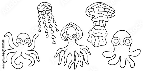 Big set of octopuses and jellyfishes linear vector illustration. Funny hand-drawn sea animals black outline isolated on white. Cartoon sea characters printable colouring book page vector