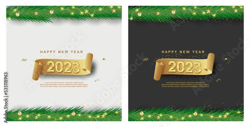 Happy new year 2023. number on ribbon set square background