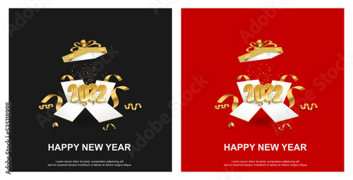 Happy new year 2023. gold number on open give box set square background