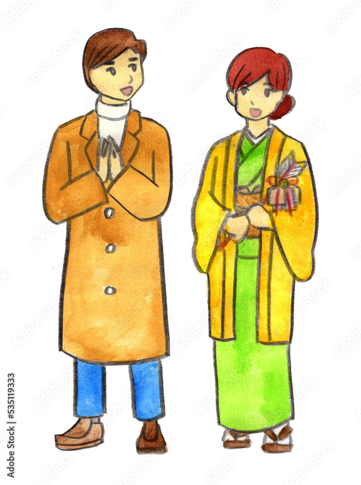 初詣の夫婦の水彩画